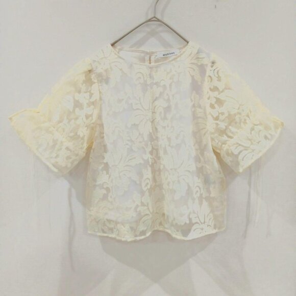 Archive Sleeve Slit Embroidery Lace Blouse Top Short Sleeve Cream - Picture 1 of 6
